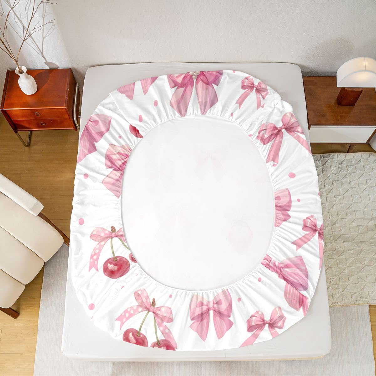 jejeloiu Pink Cute Strawberry Bow Fitted Sheet Twin Size for Kids Boys Girls Dreamy Princess Style Bed Sheets Set 16" Deep Pocket Kawaii Coquette Bow Bedding with 1 Pillowcase Room Decor