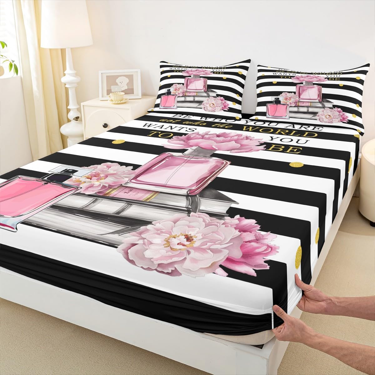 Erosebridal Pink Floral Bed Sheets King Size for Girls Kids Teens Girly Cute Modern Fashion Sheets Boho Black and White Striped Sheet Set Inspiring Women Perfume Preppy Coquette Bow Bedding Set