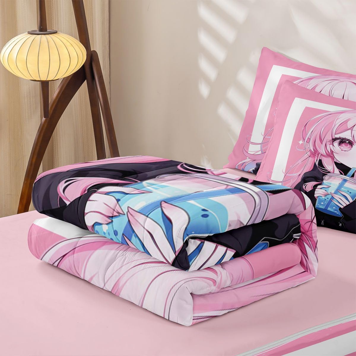 Erosebridal Kawaii Japanese Style Kids Comforter Set with Zipper, Anime Girl Drinking Milk Tea Twin Size Zipper Bedding Set, Japanese Animation Bed-in-A-Bag