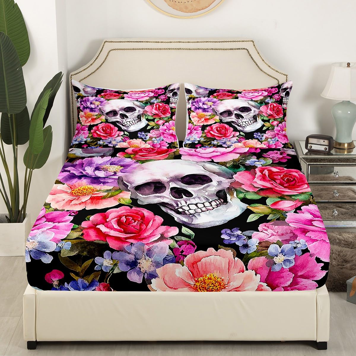 Feelyou Kids Sugar Skull Bedding Set Full Size, Gothic Skeleton Fitted Sheet Boys Girls Rose Floral Flower Bed Sheet Set for Bones Teens Bed Cover Bedroom Decor Bed Set 3Pcs (No Flat Sheet)