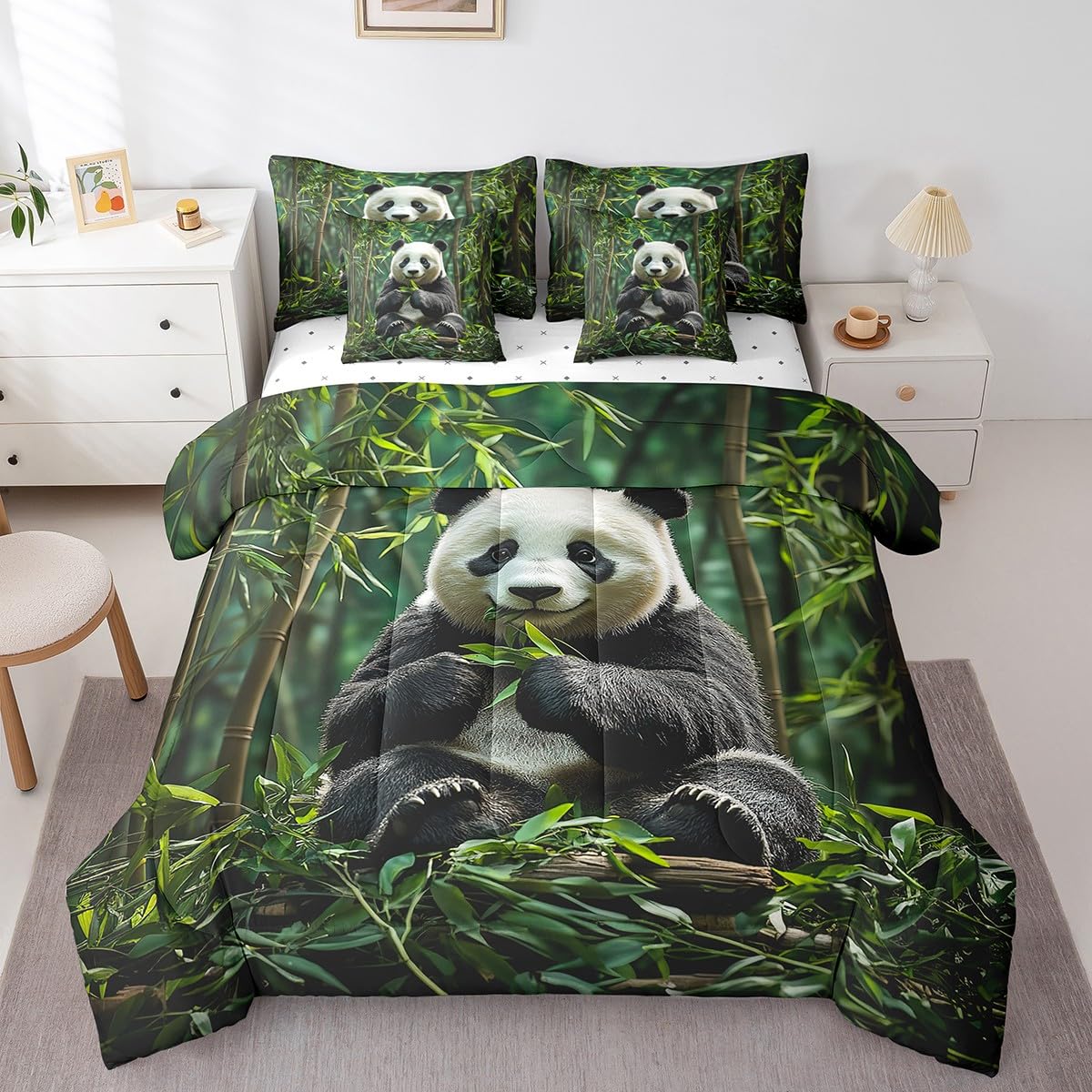 jejeloiu Cute Panda Comforter Set 7 Pieces Full Size Kids Panda Bear Printed Bed in a Bag for Boys Girls Animal Bedding Set Wild,Comforter + Sheets + Pillowcases + Cushion Covers