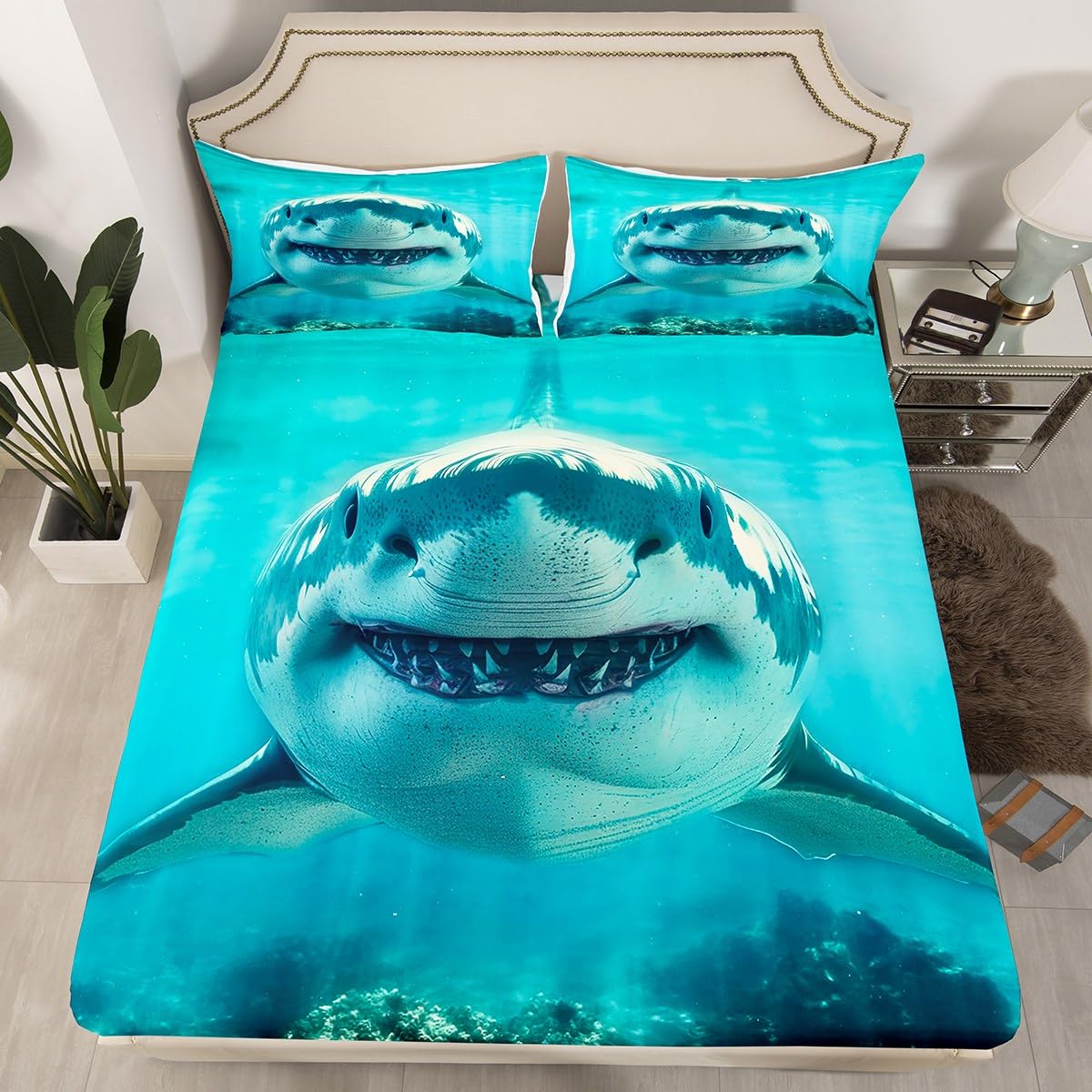 Shark Bedding Set Queen Size,3D Shark Bule Underwater World Deep Pocket Bed Sheet,Marine Life Fitted Sheet 3pcs for Youth Women Bedroom Decor,Ocean Animal Style Bed Sheets,2 Pillowcases,No Top Sheet