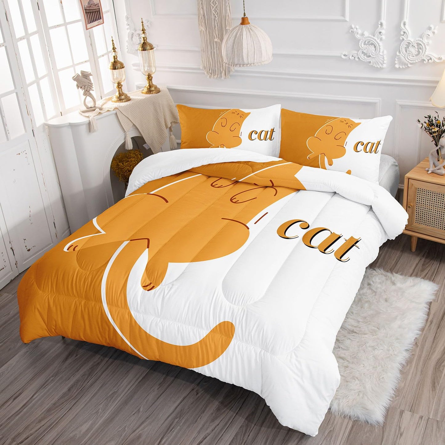 Smell Sunshine Orange Cat Comforter Set Cartoon Animal Printed Bedding Set with 1 Comforter and 2 Pillowcases for Boys and Girls Bedroom All Season(Cat Twin)