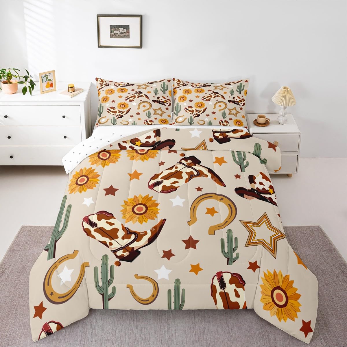 Feelyou Western Comforter Set Full Size Cowgirl Bedding Set for Kids Boys Girls Western Cowboy Boots Duvet Quilt Wild West Cactus Flower Bedroom Decor Beige Microfiber 3 Pcs with 2 Pillow Cases