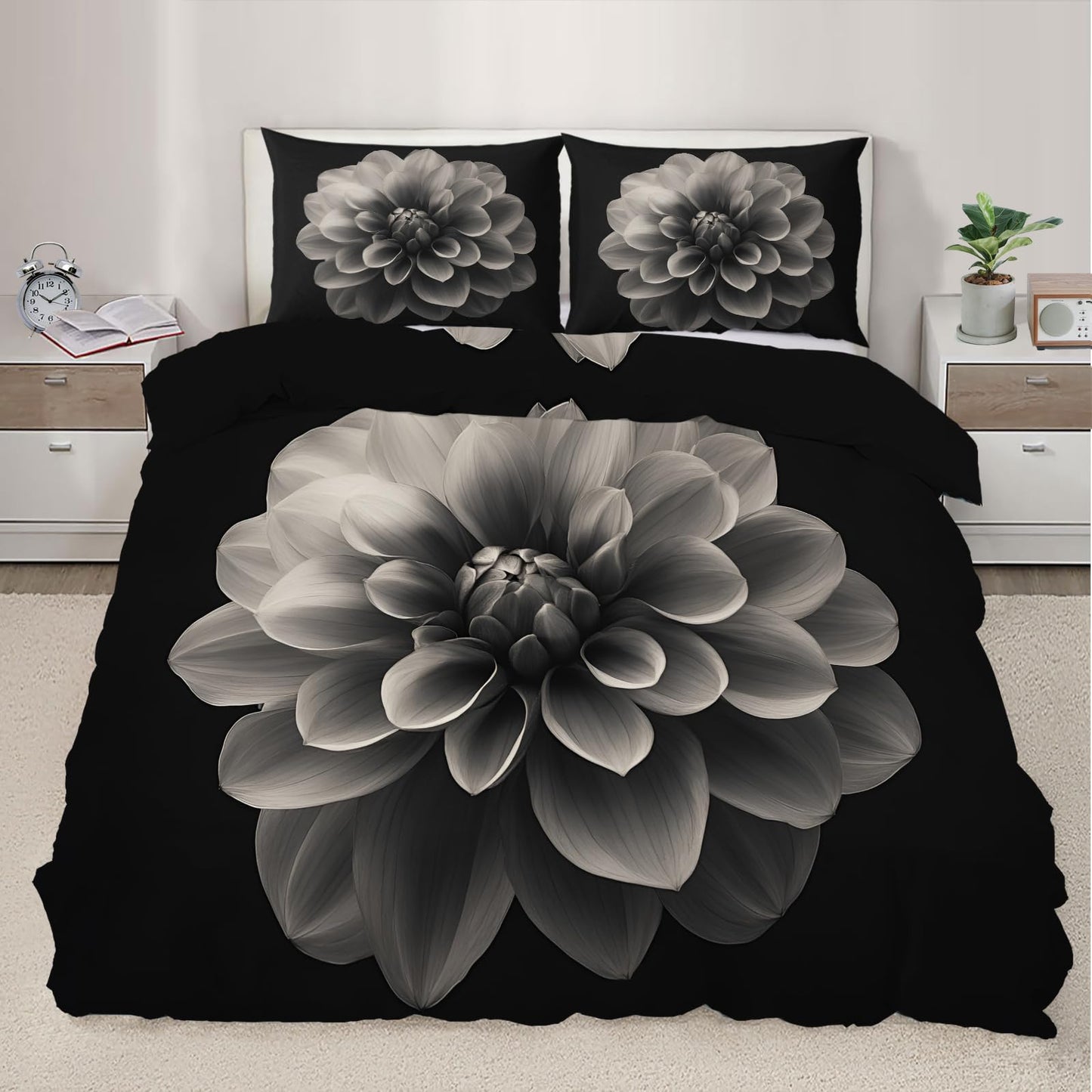 PAISUOQ Dahlia Duvet Cover Queen, Gray Floral Bedding Sets, Nordic Flowers Comforter Cover with 2 Pillowcases, 3 Pieces with Zipper & Ties, Dorm Decor & Gifts