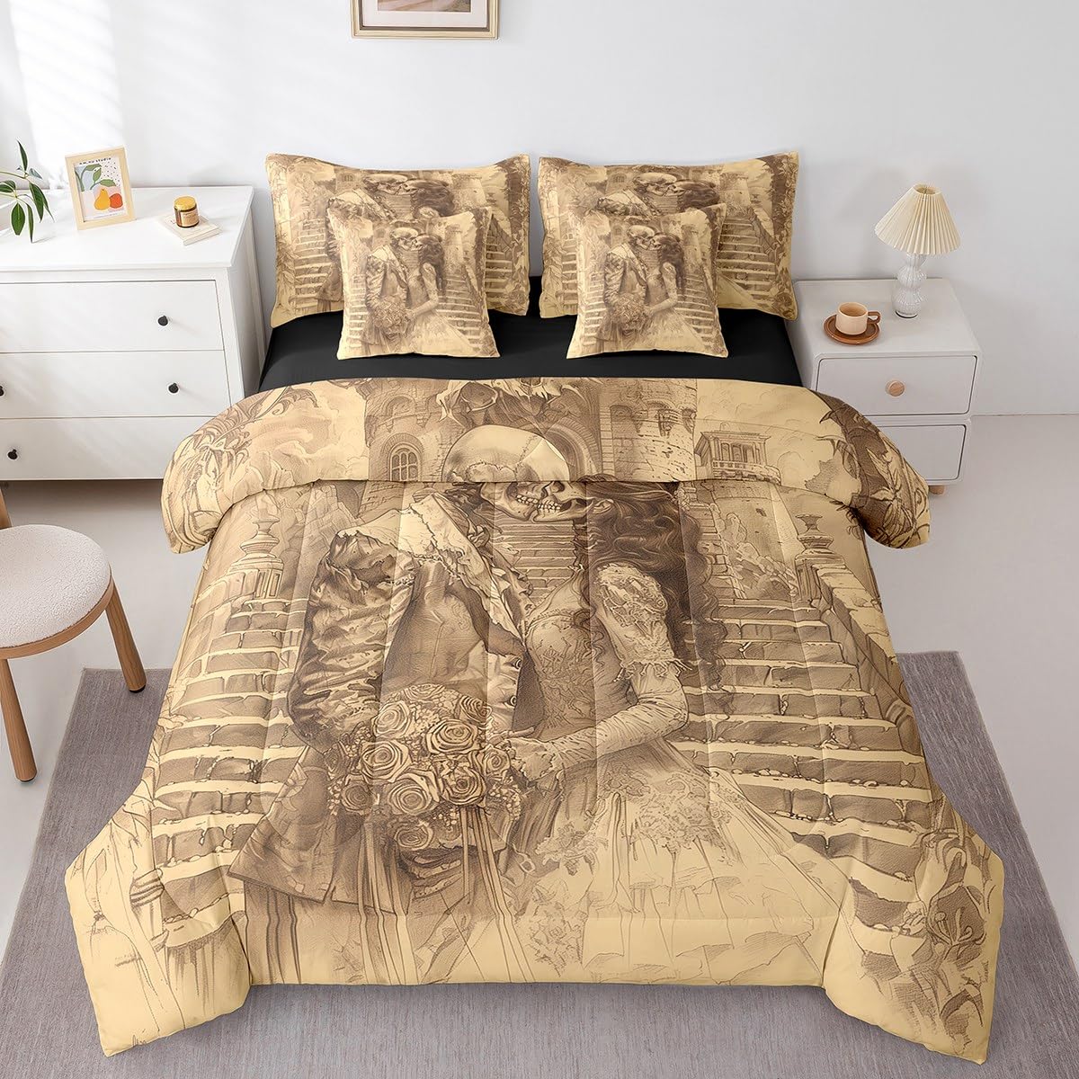 Erosebridal Sugar Skull Comforter Set King,Romantic Skeleton Couple Quilt,Trippy Skull Bones Bed in a Bag