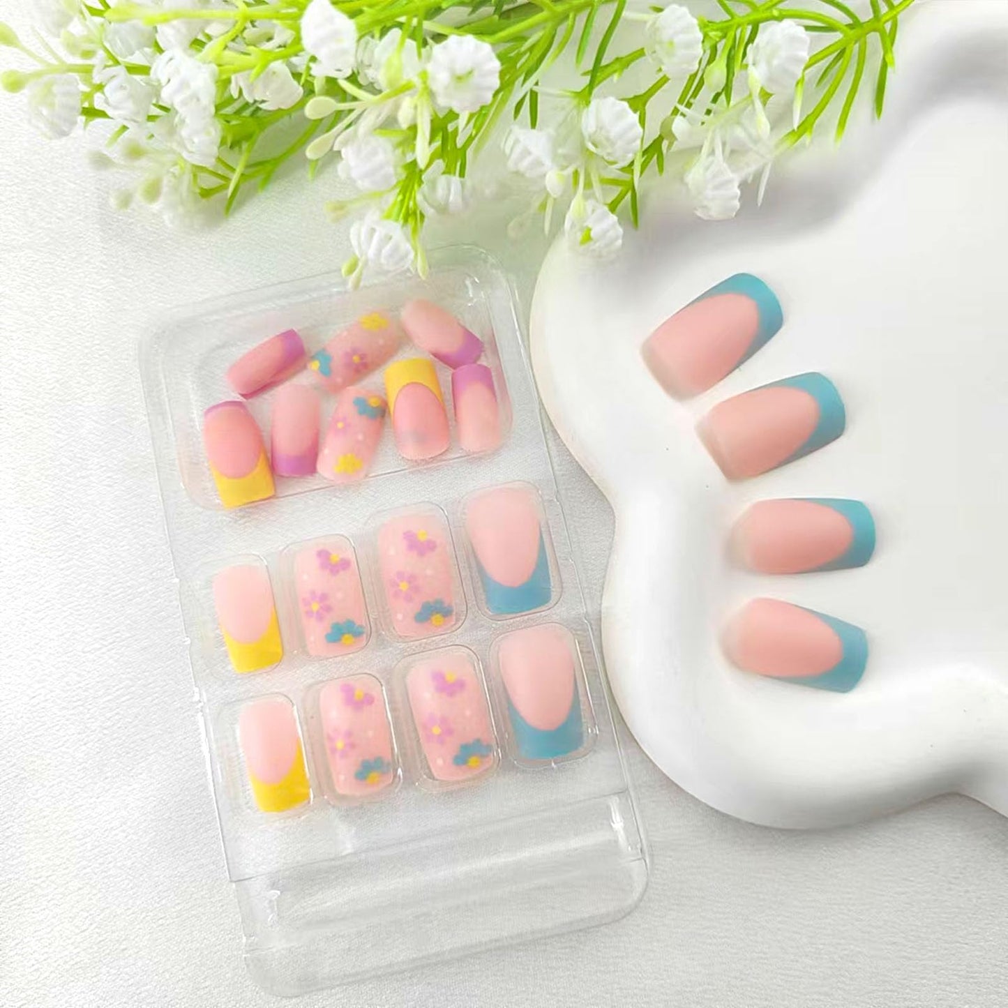 Medium Press on Nails Square French Tip Fake Nails with Flowers Design False Nails Pink Full Cover Acrylic Nails Press ons Matte Glue on Nails for Girls and Women 24Pcs