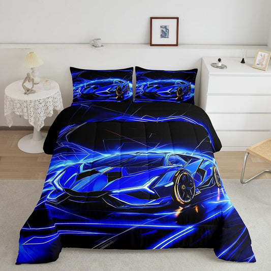 Feelyou Kids Blue Race Car Comforter Set Twin Size, Speed Sports Car Comforter Boys Girls Racing Car Bedding Set Extreme Sports Teens Duvet Set Bedroom Decor Microfiber Bed Set