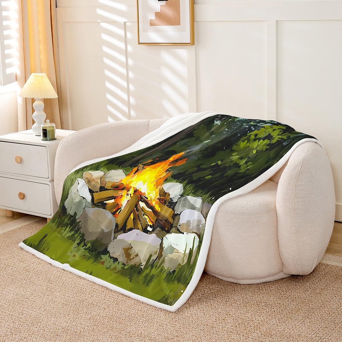 Feelyou Campfire Throw Blanket Fun Woodland Campsite Soft Fleece Sherpa Cozy Fuzzy Plush Warm Summer Happy Camping Fuzzy Plush Throw Forest Animals 40"x50" for Bed Couch Living Room