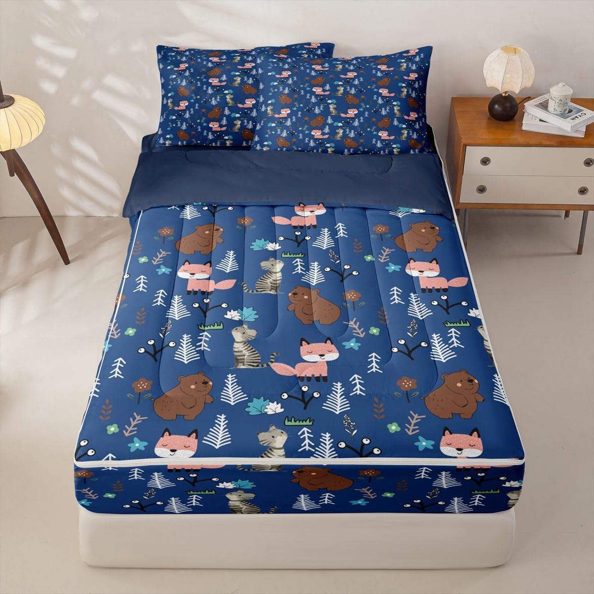 Erosebridal Boys Blue Bear Kids Zipper Bedding Set Twin Cartoon Animal Zip Up Comforter Set with Sheets for Child Nursery Fox and Cat Wild Animals Bed in a Bag Woodland Animals Wildlife Bed Sets