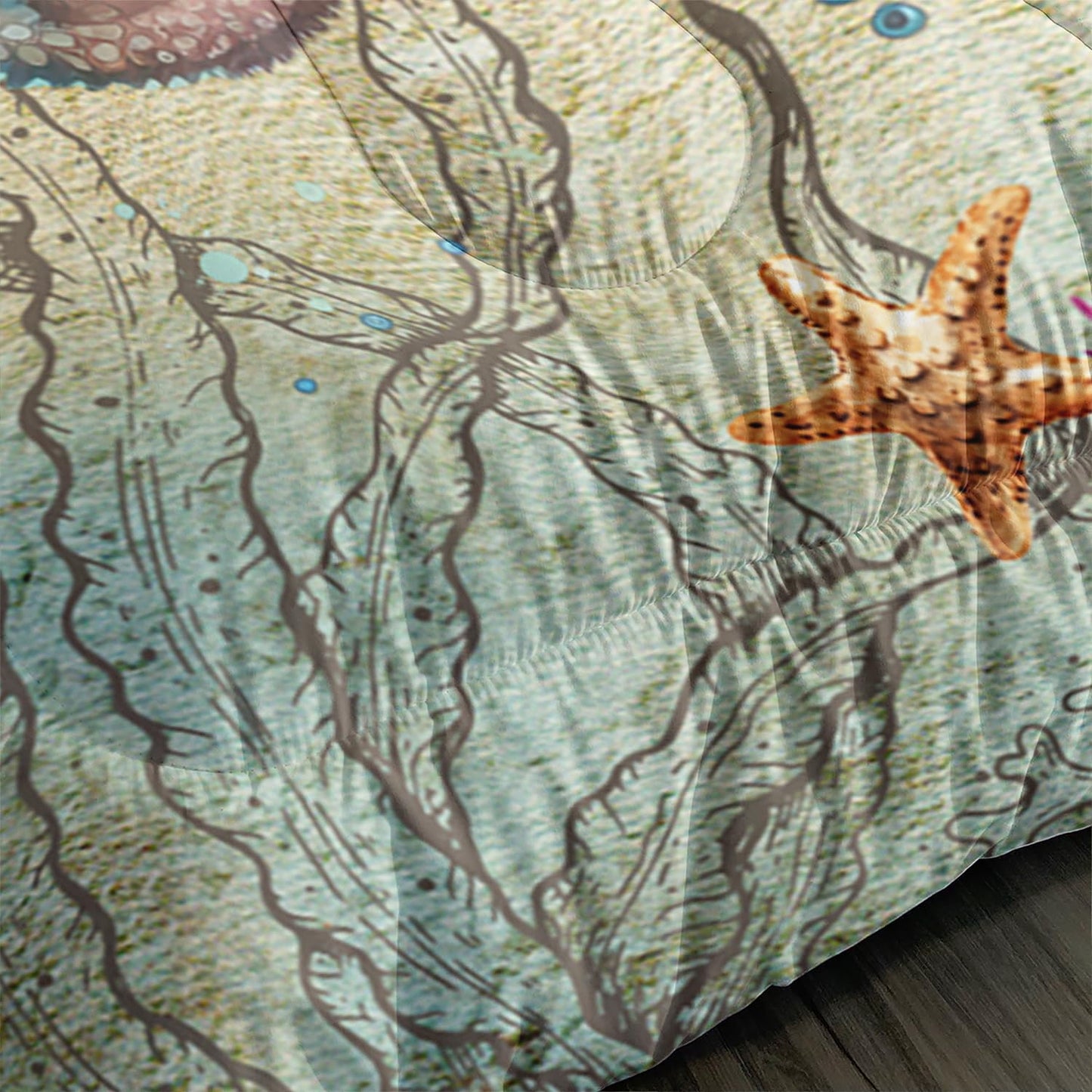 XYNHML Retro Octopus Comforter Set Twin Size 3Pcs Nautical Coastal Compass Bedding Set Starfish Jellyfish Seaweed Quilt Bed Set for Boys Girls with 1 Comforter and 2 Pillowcases