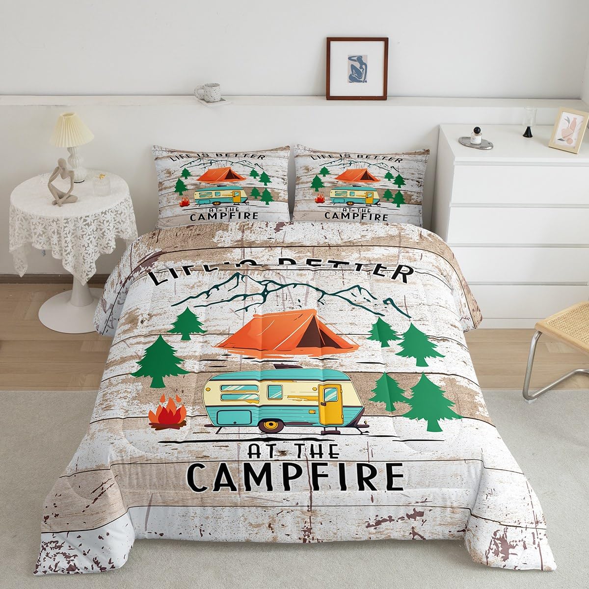 Erosebridal Camper Rv Bedding King,Happy Camping Comforter Set Campfire Decor Bed Sets Rustic Wooden Plank Duvet Insert 3 Pieces