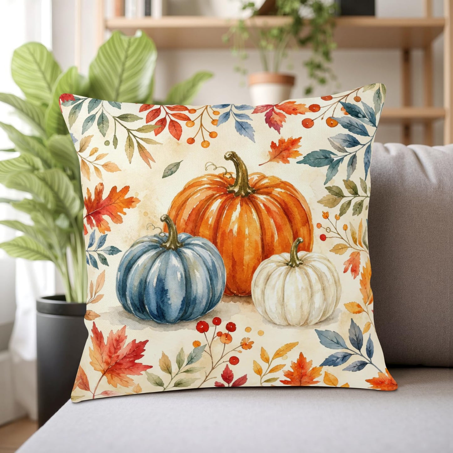 ABSOP Fall Pillow Covers 18x18 Inch Orange Blue Pumpkin Pattern Decorative Throw Pillow Covers Set of 2 Autumn Thanksgiving Harvest Pillowcases for Soft Couch Holiday Party Decor