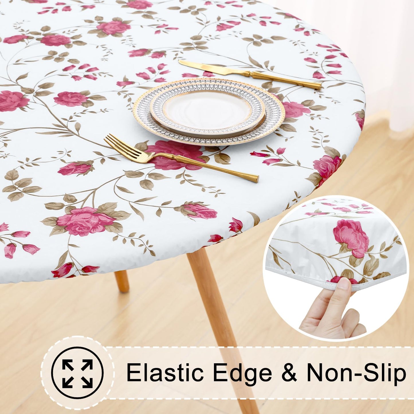 misaya Round Fitted Tablecloth with Elastic Edge, 100% Waterproof Oil Proof Plastic Table Cover, Vinyl Flannel Backed Tablecloth Fits 36"-44" Round Tables for Dinner, Outdoor, Picnic, Pink Flowers