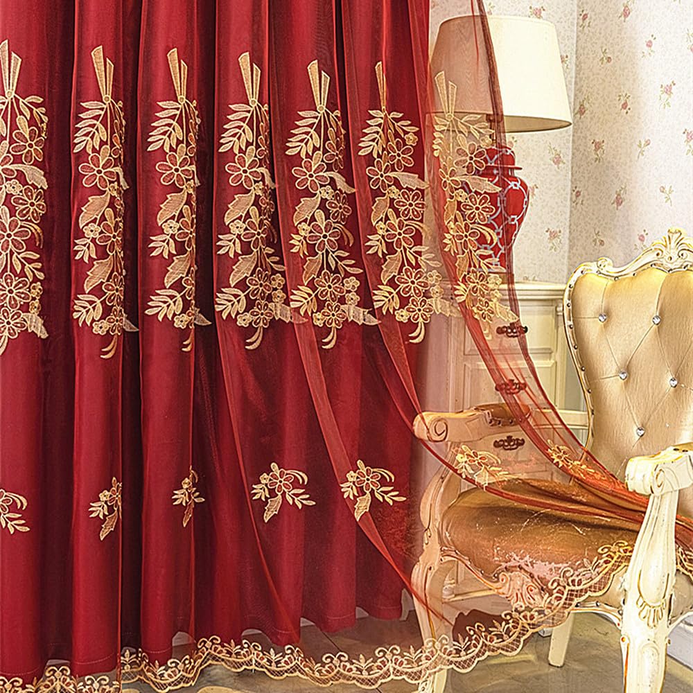Amidoudou 1 Pair European Double Layer Curtains with Valance for Living Room Bedroom Red Luxury Embroidered Curtains (Red,51x90 Inch)