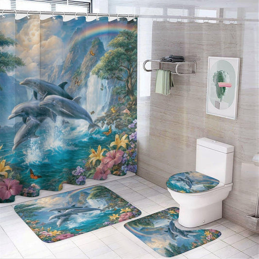 INSFBRB Vintage Rustic Dolphins Shower Curtain Set,Beautiful Colorful Jungle Rainbow Waterfall Flower Hibiscus Butterfly 4 Pcs Bathroom Decor Accessories with 12 Hooks