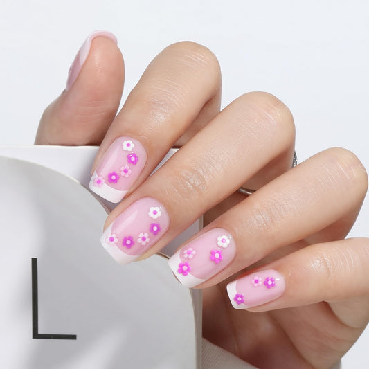 UNA GELLA Short Square Press On Nails Soft Gel - 32Pcs 16 Sizes French Tip Fake Nails with 3D Flower Design, Y2K Fairycore Reusable Glue On Nails Kit for Women Manicure