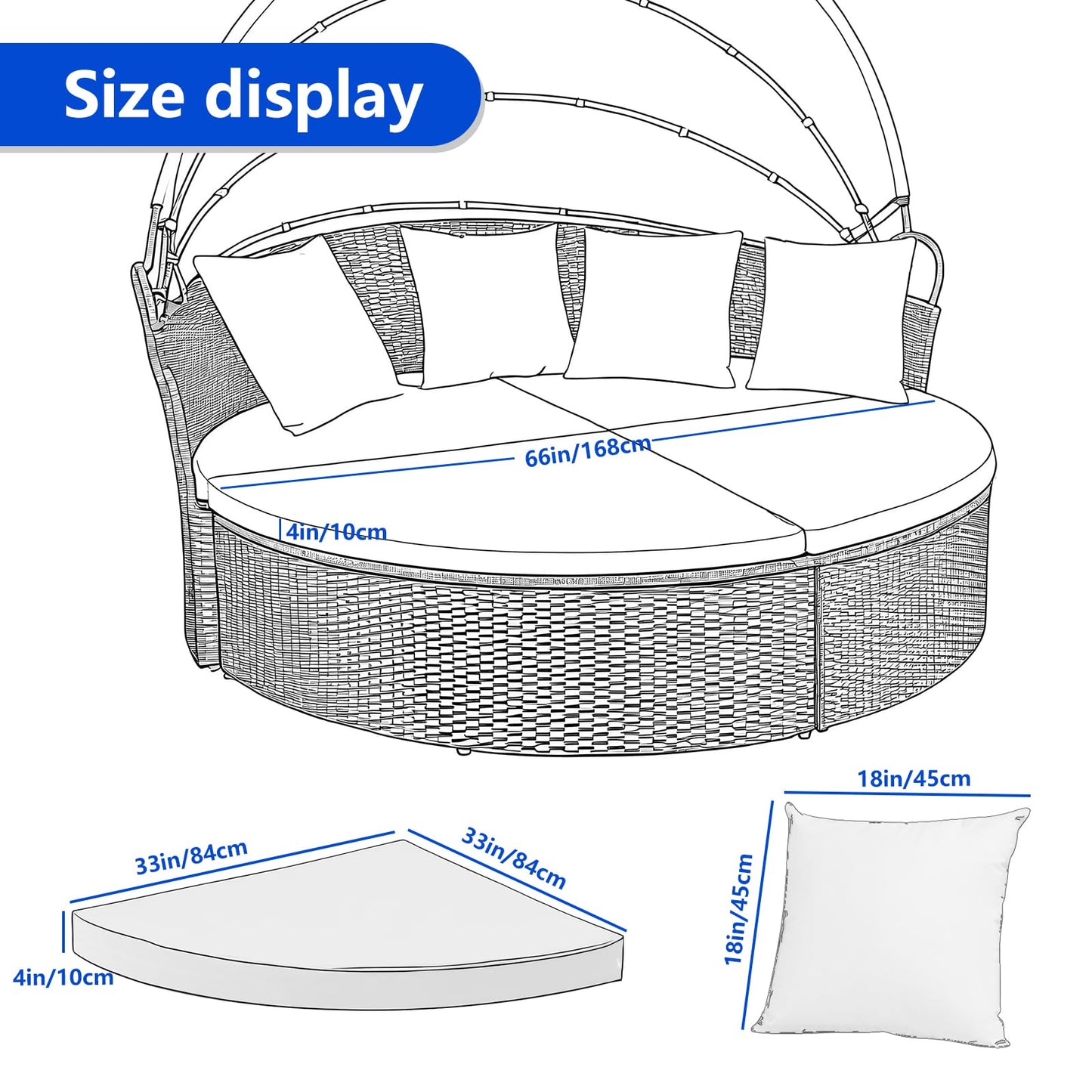4PC Outdoor Round Daybed Cushion Cover with Zipper & Anti-Slip Particles,Circle Sun Island Sunbed Mattress Covers Waterproof,Patio Day Bed Cushions Slipcover ONLY COVER (White, 66*66*4inch)
