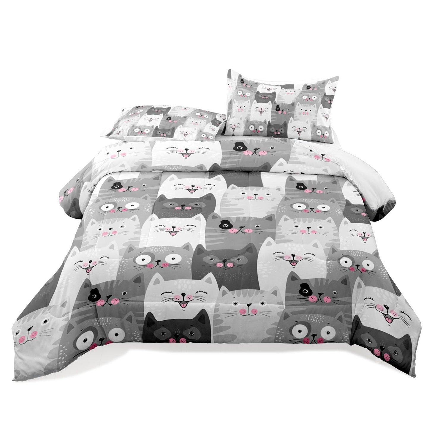 Raphus cucullatus Girls Twin Comforter Set Cat,Kawaii Cat Twin Bedding Sets for Girls,Cute Comforter Sets Twin Size Bed,Kids Animal Print Bedding Set,Girl Grey Bedding 3 Piece Twin Bed Set