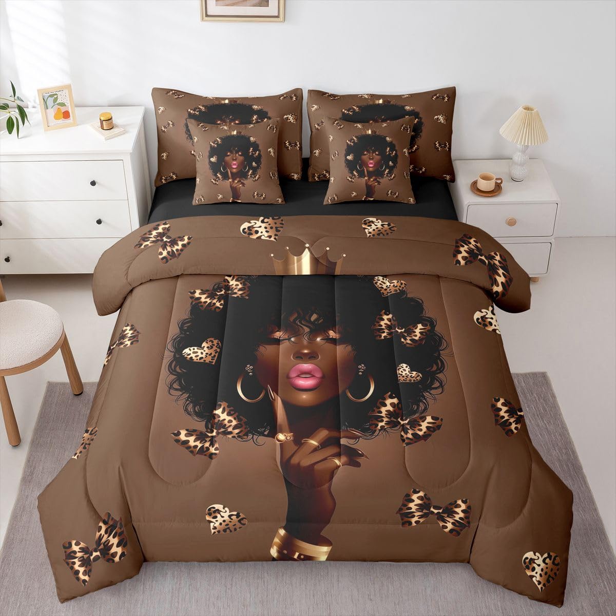 Erosebridal Cute Black Girls Queen Bedding Set Coquette Leopard Bowknot Comforter Set with Flat and Fitted Sheet Girly Cheetah Heart 7-Piece Bed in a Bag Aesthetic Bowtie Quilt Sets