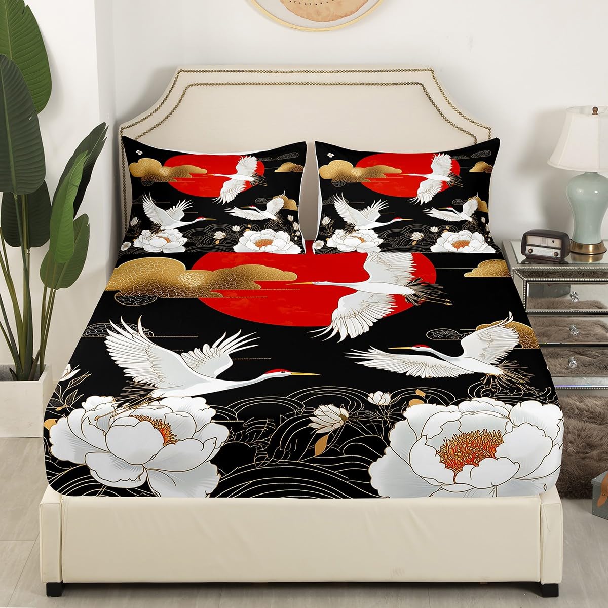 Feelyou Japanese Crane Bedding Sheets Full Black Gold Ukiyoe Theme Bed Sheet Set for Adult Kids Asian Anime Fitted Sheet Wild Animal Bed Cover 3Pcs,1 Fitted Sheet+2 Pillow Sham（No Flat Sheet）
