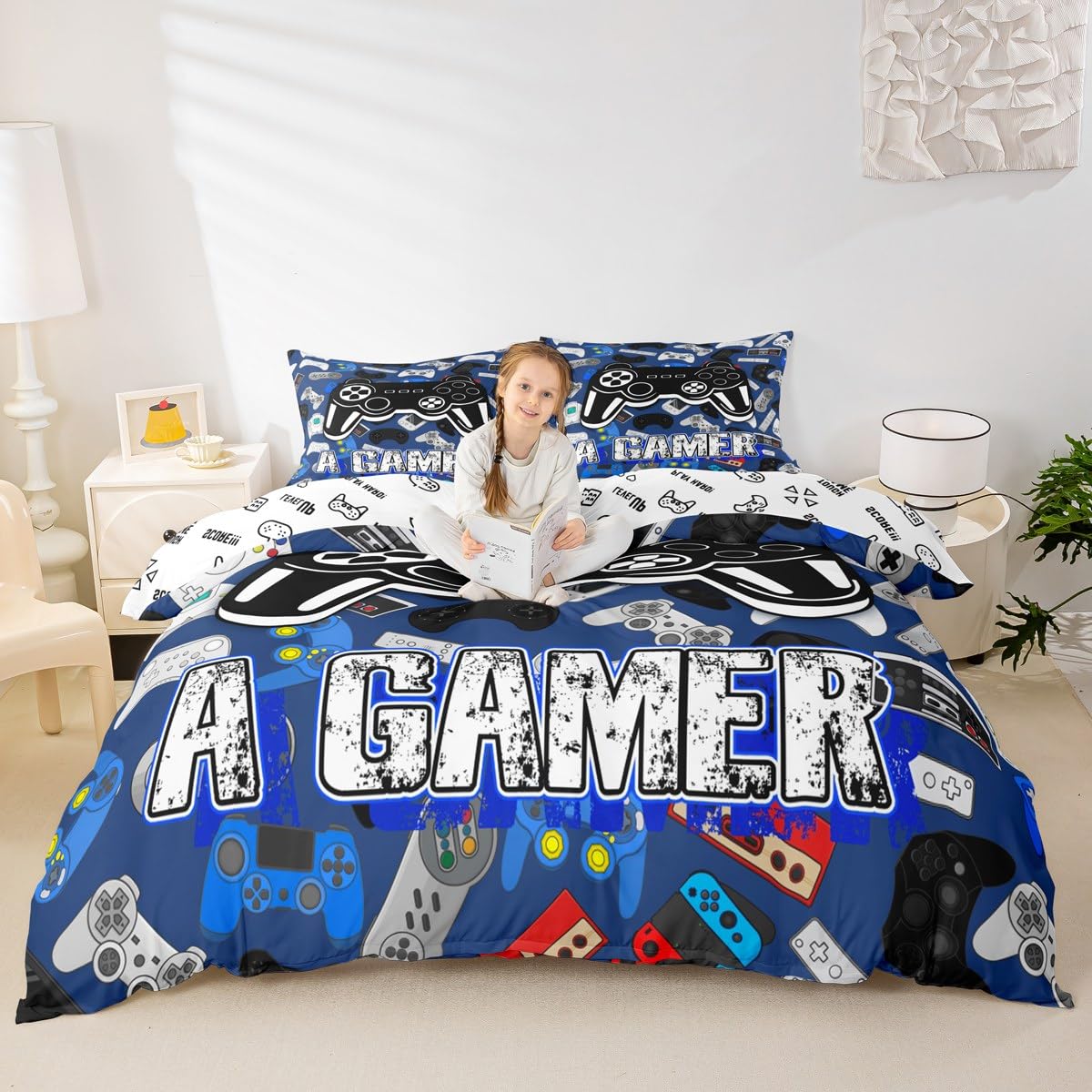 Homewish Cartoon Gamepad Bedding Set King Size,Video Games Duvet Cover Set 3Pcs for Kids Teens Boys Girls Room Decor,Navy Blue Gaming Board Comforter Cover Modern Fashion Quilt Cover,2 Pillowcases