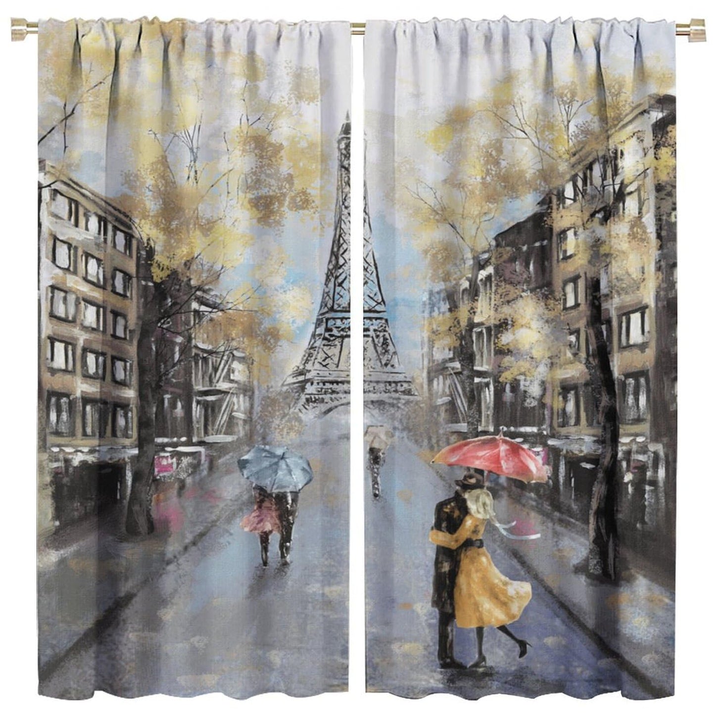 LOMADIA Eiffel Tower Curtain, Oil Painting Style, Yellow Paris Tower Couple Pattern Window Treatments 2 Panels Drapes for Bedroom Living Room Kitchen Decor 42x45in