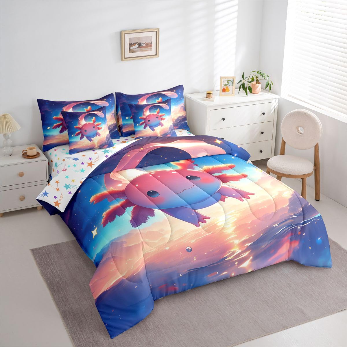 Erosebridal Ombre Axolotl Pink Blue Girls Kids 7 Piece Bedding Set Twin | Cartoon Animal Comforter Set with Sheets Dreamy Starry Bed in A Bag Galaxy Cloud Bed Sets