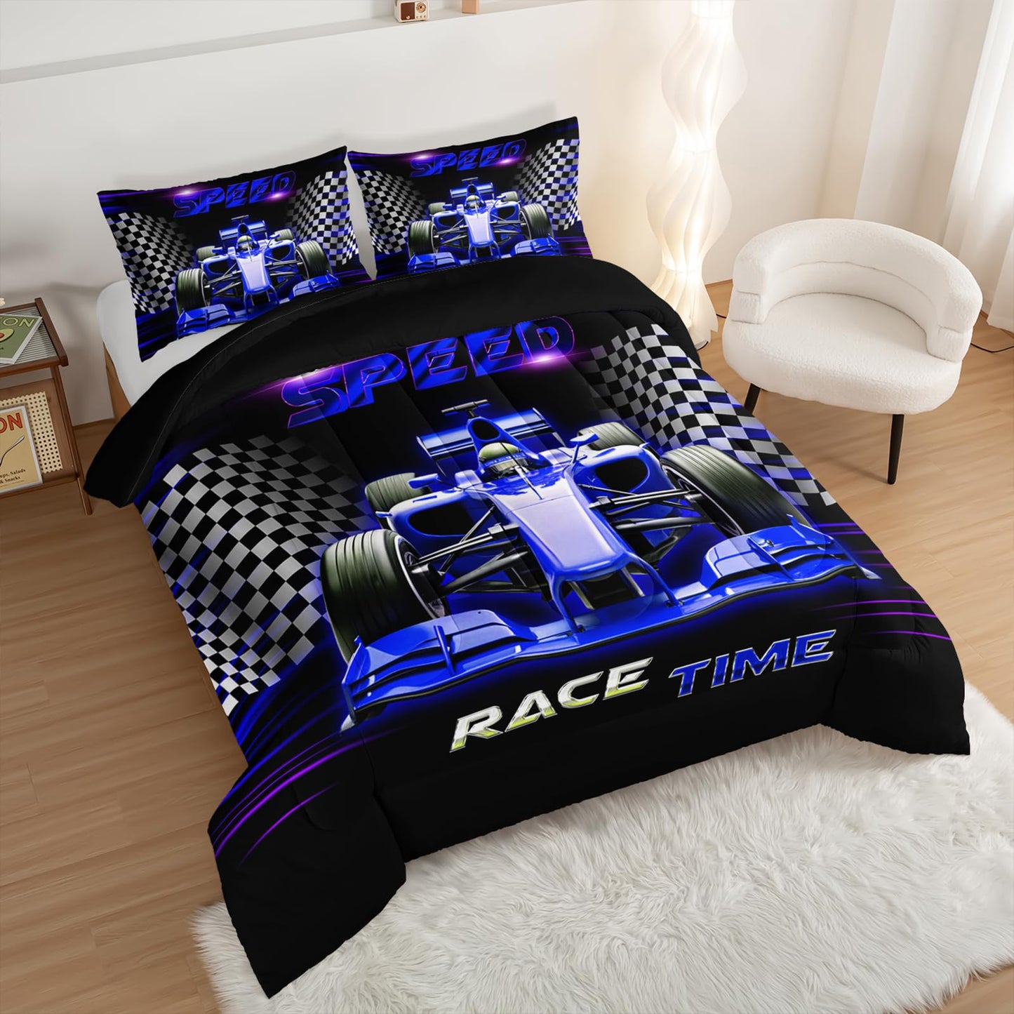 UEVBF Blue Race Car Bedding Set Twin Size,Black White Checkered Racing Flag Comforter Set,Race Car Room Decor for Kids Boys,Cool Sports Themed Bedding Sets with 2 Pillowcases.