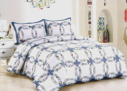 American Hometex Romantic Wedding Ring Blue 3 Piece Full Queen Quilt Set