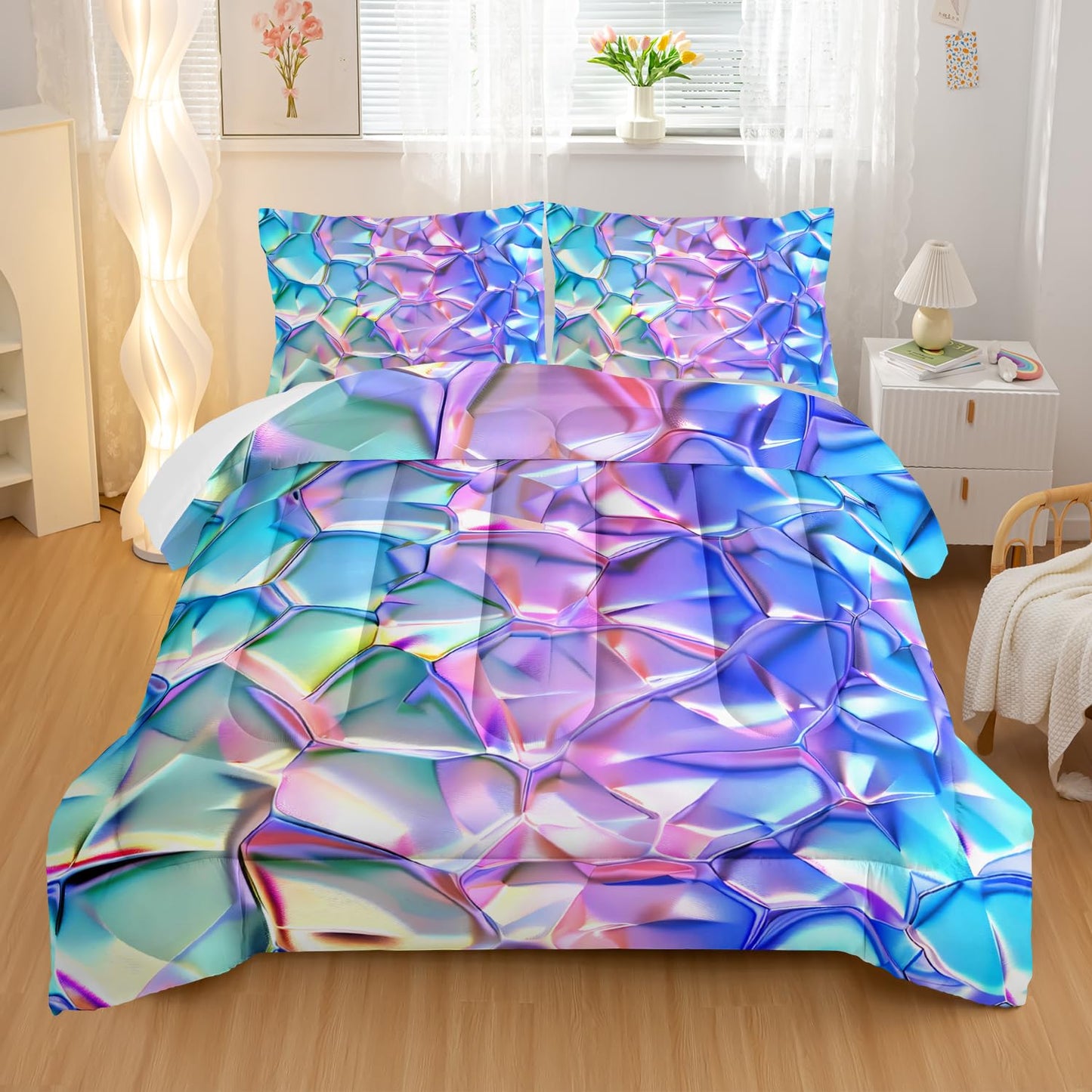 Nttopship Purple and Blue Abstract Art Comforter Modern Abstract Comforter Set,Laser Gradient Bedding Set Full Size,Mordern Art Decor All Season Lightweight Soft Microfiber with 2 Pillow Shams