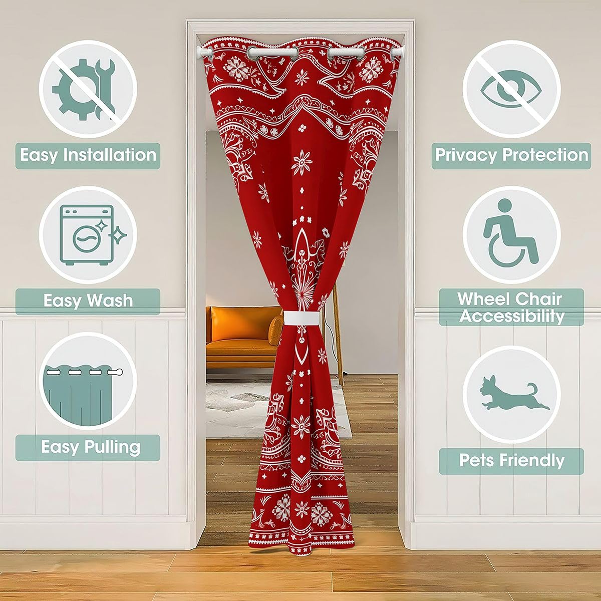 Feelyou Flower Door Curtain for Doorway Privacy Paisley Closet Cover Boho Paisley Red Print Room Divider Curtain 42" x 84" Bohemian Exotic Style Bedroom Living Room Indian Style Window Treatments