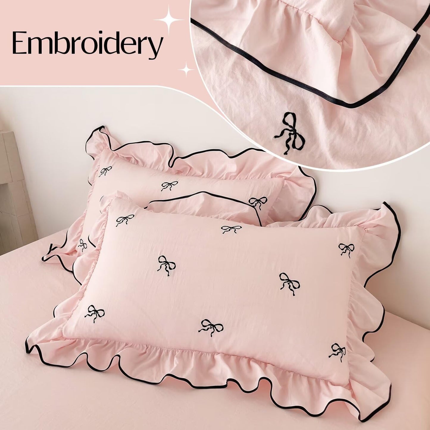 AMZTOP Cute Pink Duvet Cover Set Queen Size 3 Pcs with Bow,1 Duvet Cover with 2 Pillowcases,Washed Coquette Queen Bedding Set for Teen Girls,Zipper Ruffles Quilt Covers 90"×90"