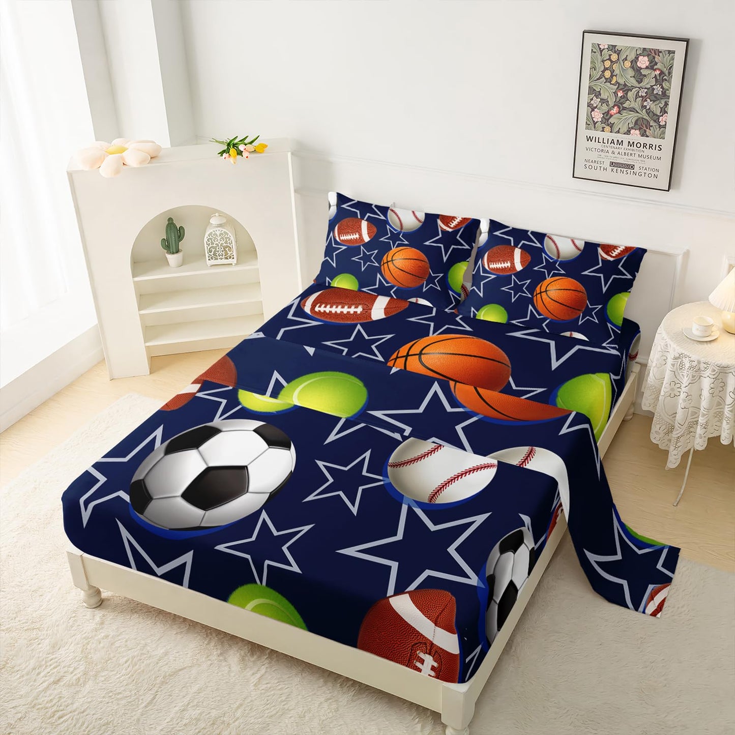 QOOMO Ball Print Kids Sheet Set Full Size,Soccer Basketball Bedding Set Lightweight for All Seasons,Blue Sets for Boy Room Decoration,1 Fitted Sheet,1 Flat Sheet,2 Pillow Cases