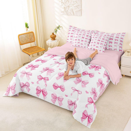 Castle Fairy Pink Bow Comforter Set with Sheets - Girl Check Bowknot Full Size 7 Piece Girls Watercolor Love Heart Kids Bed Set Sweet Princess Style Bedroom Decor,4 Pillow Covers