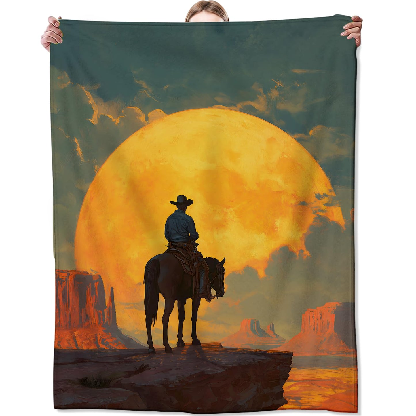 Zeleda Rustic Cowboy Cozy Throw Blanket for Couch Sofa Bed, Soft Flannel Western Horse Blankets for Adults Men Boys, Warm Lightweight Sunset Throws for Room Decor Gifts, 50x60 Inches