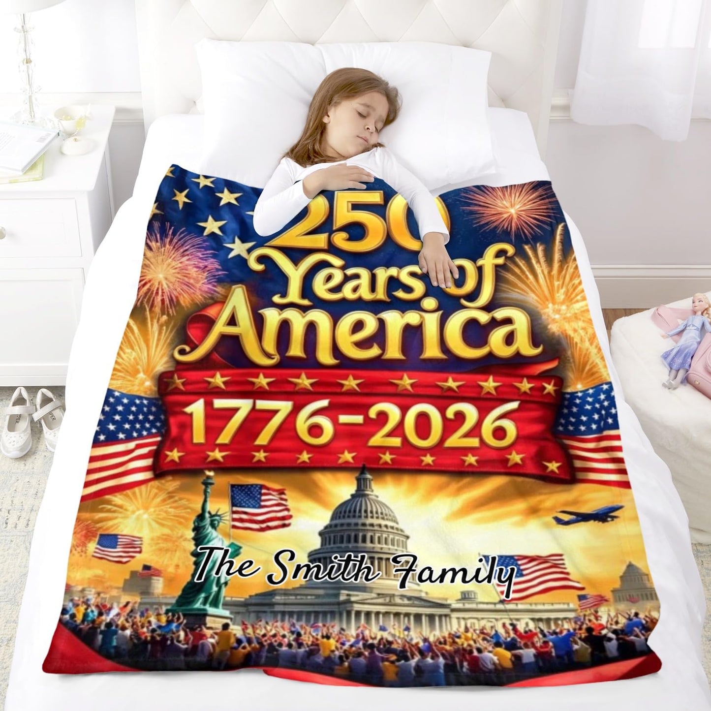 250 Anniversary USA Blanket - Ultra Soft Personalized Throw Blanket with Name Text for 4th of July, 30x40 Inches