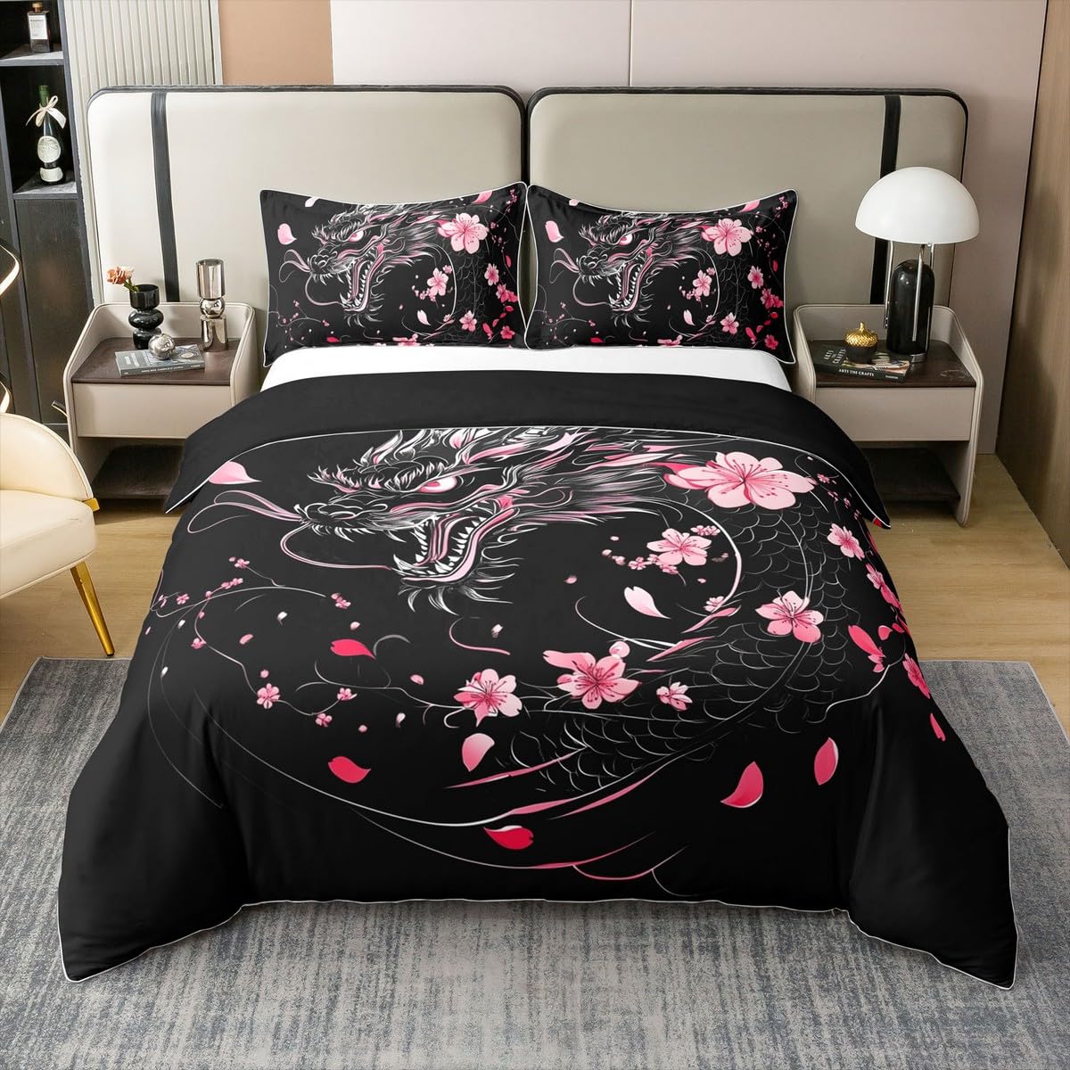 Erosebridal Sakura Dragon Comforter Cover Twin Size 100% Cotton for Girls,Exotic Dragon Duvet Cover for Kids Boys Teen,Magical Animal Black Bedding Set Pink Cherry Blossom Japanese Style Bed Set