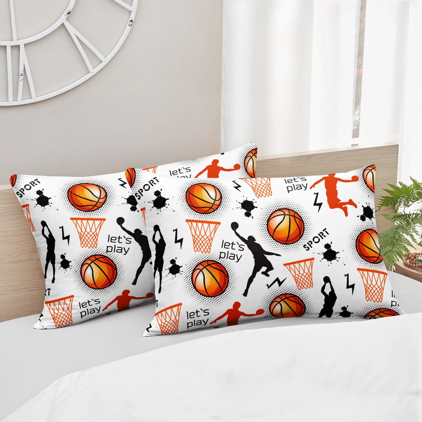 HOSIMA Basketball Twin Bedding Sets for Boys Room Decor,Various Postures of Shooting Print Fitted Sheet,Basket and Basketball Pattern Teens Sports Bedding,1 Fitted Sheet+2 Pillowcases.