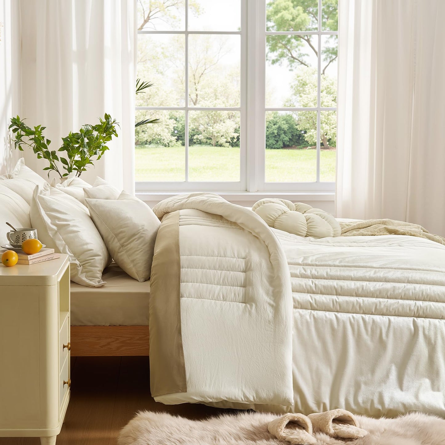 Bedding Velvet King Comforter Sets: Ivory 3 Pieces Luxurious Ultra Soft Bed Set Suitable for All Seasons - Cream White Cozy Striped Modern Rustic Lightweight Men Women Bedroom Comforters with 2 Shams