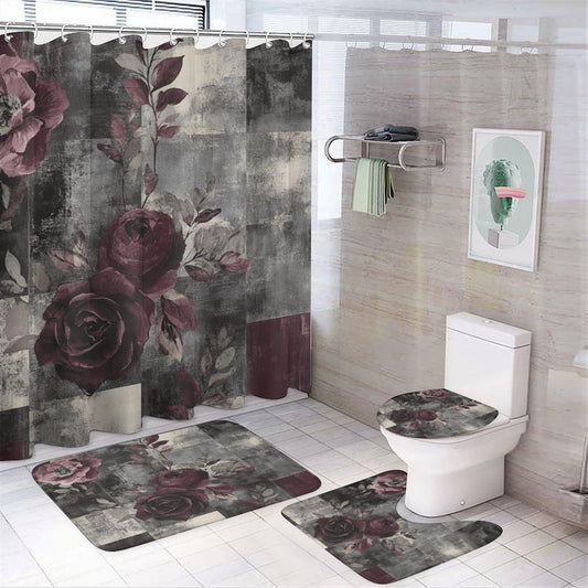 DIPQIMI 4Pcs Red Rose Patchwork Shower Curtain Sets with Rugs, Toilet Lid Cover and Bath Mat, Classic Art Flower Bathroom Shower Curtains Set with 12 Hooks