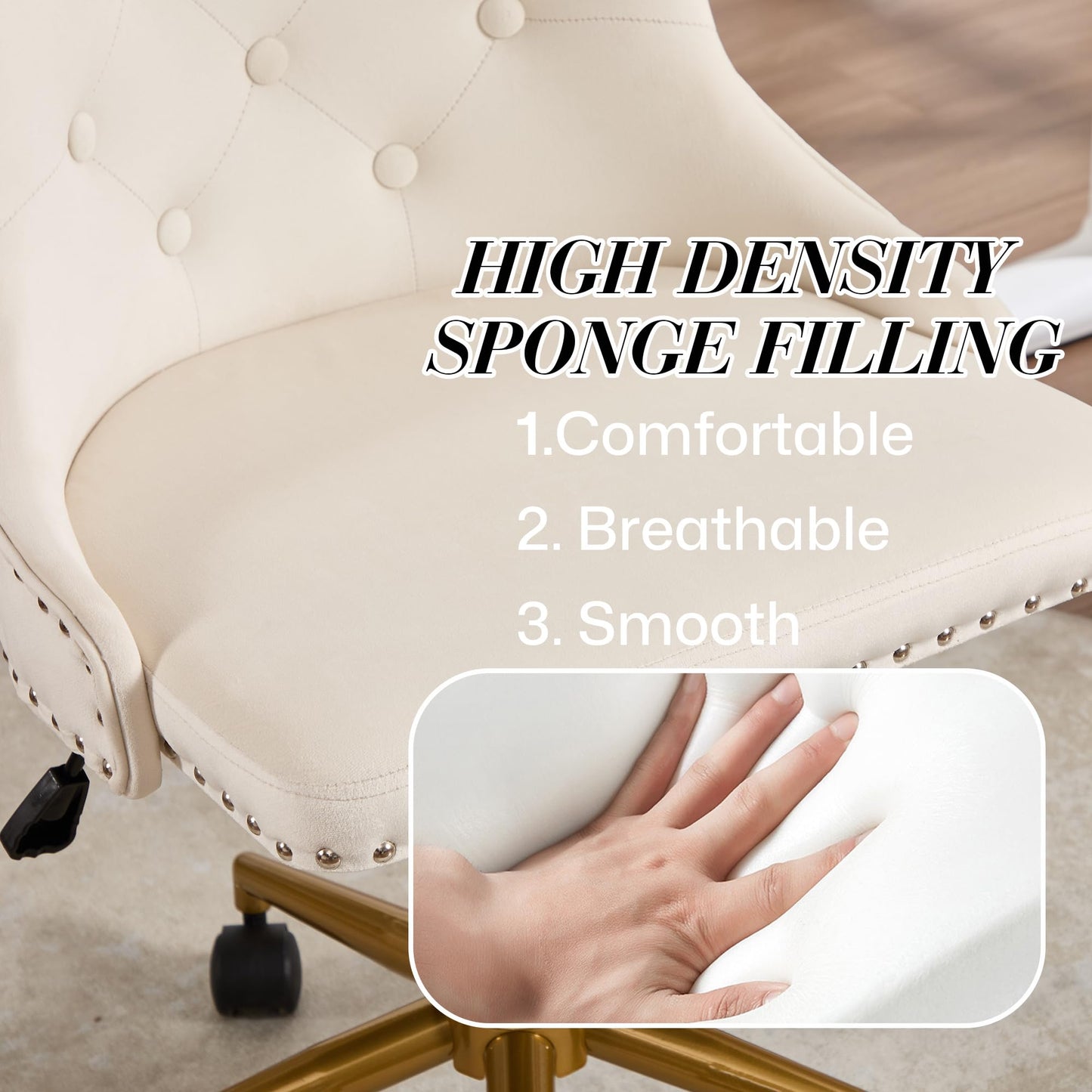 Beige Velvet Armless Desk Chair, Comy Vanity Chair with Rivet and Gold Base