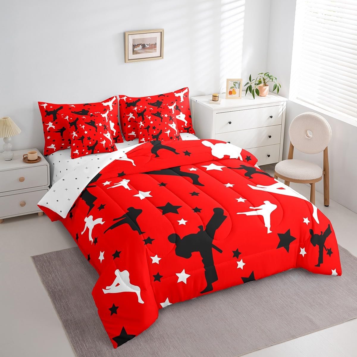 Erosebridal Taekwondo 7 Pcs Comforter Set Twin Japanese Style Bedding for Children Boys Girls Sports Samurai Stars Sheet Set Bed in A Bag Asian Kung Fu Karate Silhouette Bedroom Decor Bed Set
