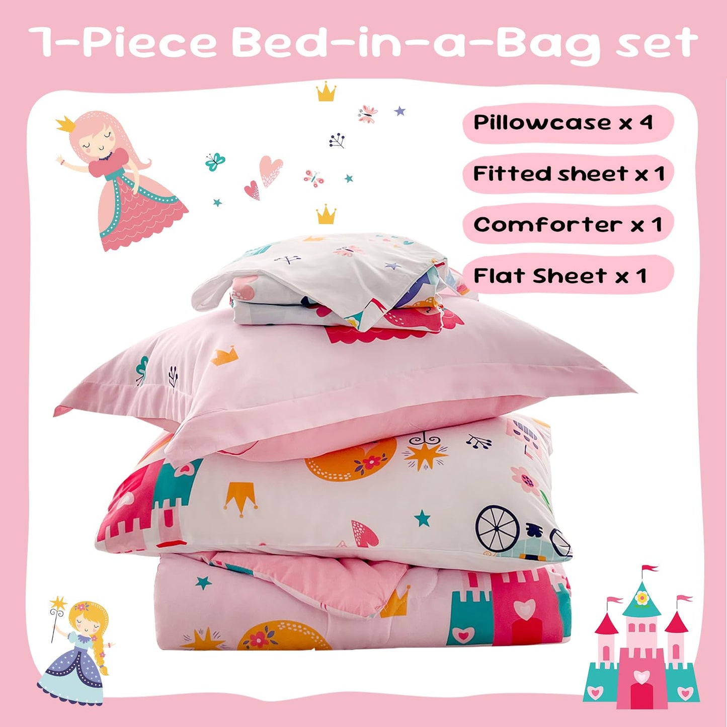 Wajade Kids Pink Princess Comforter Set Bed in A Bag Full Size 7 Piece Princess Fairy Tales Castle Bedding Set for Girl (1 Comforter, 1 Flat Sheet, 1 Fitted Sheet, 2 Pillowcase and 2 Pillow Sham)