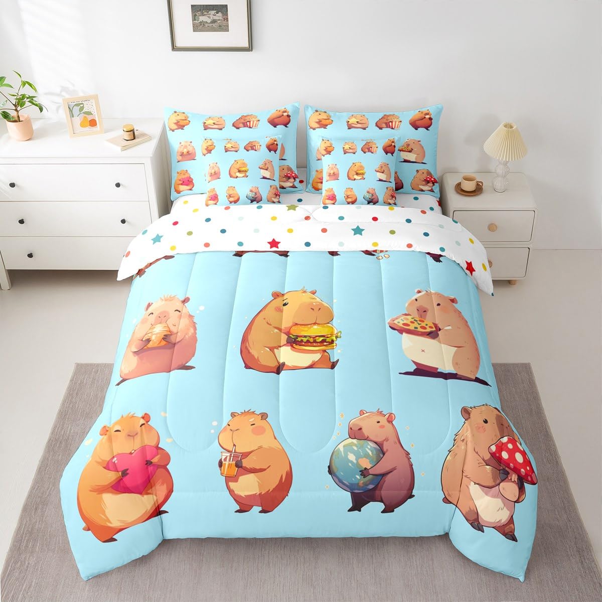 Erosebridal Funny Capybaras 7 Pieces Bedding Set Twin,Capybara Lover Bed in a Bag,Cartoon Rodents Bed Set Includes Comforter,Sheet Set,Pillowcases & Pillow Covers,Blue Khaki Capybara Bedroom Decor