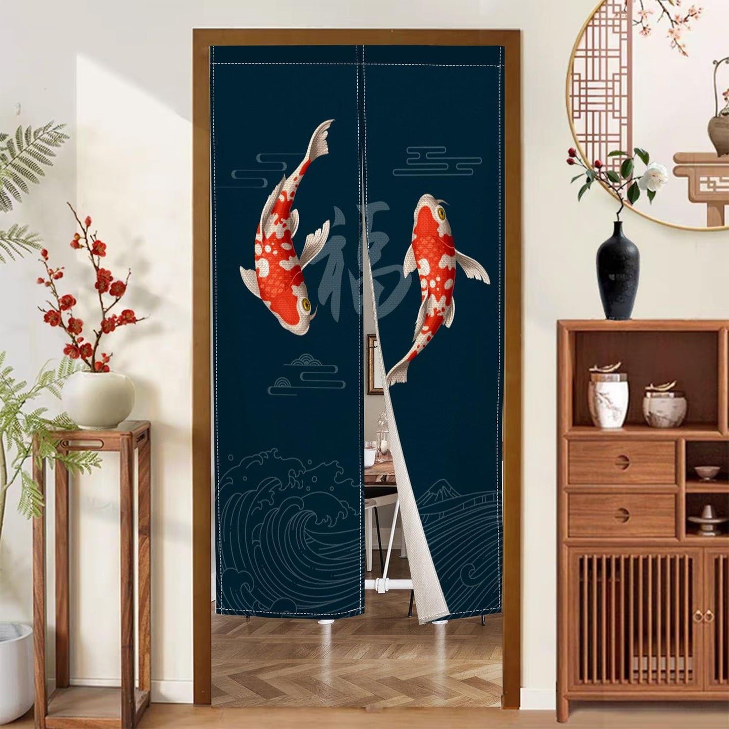 Leowefowa Chinese Koi Fish Doorway Curtain Traditional Fu Carps Printing Window Treatment Feng Shui Japanese Noren Curtain Door Tapestry for Room Privacy Partition Kitchen Home Decor, 33.5"x 70.9"