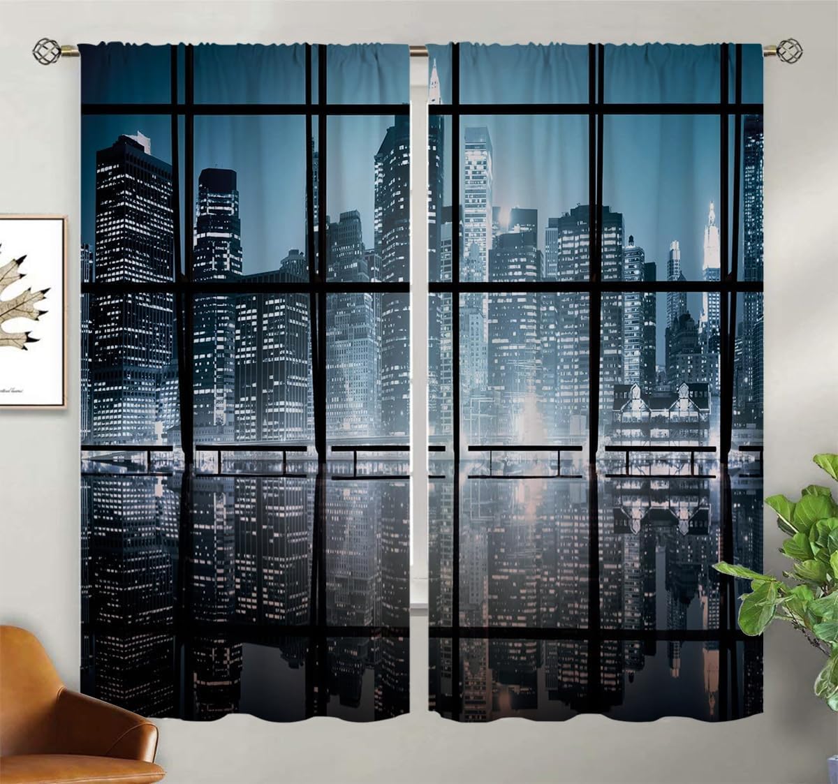 City Blackout Curtains for Home Decor,NY City Scenery at Night with Skyscrapers Buildings Rod Pocket Thermal Insulated Drapes Darkening Window Curtain for Girls Boy Bedroom Living Room 55 x 63 Inch
