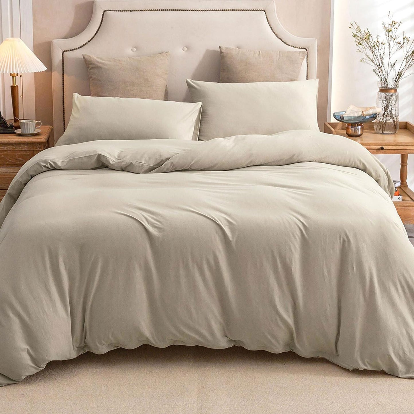 PURE ERA Jersey Knit Duvet Cover Set 100% T-Shirt Cotton Super Soft Comfy 2pc Bedding Set with Zipper Closure (Solid Dark Beige, Twin)