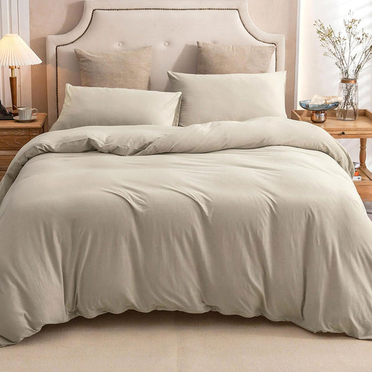 PURE ERA Jersey Knit Duvet Cover Set 100% T-Shirt Cotton Super Soft Comfy 2pc Bedding Set with Zipper Closure (Solid Dark Beige, Twin)
