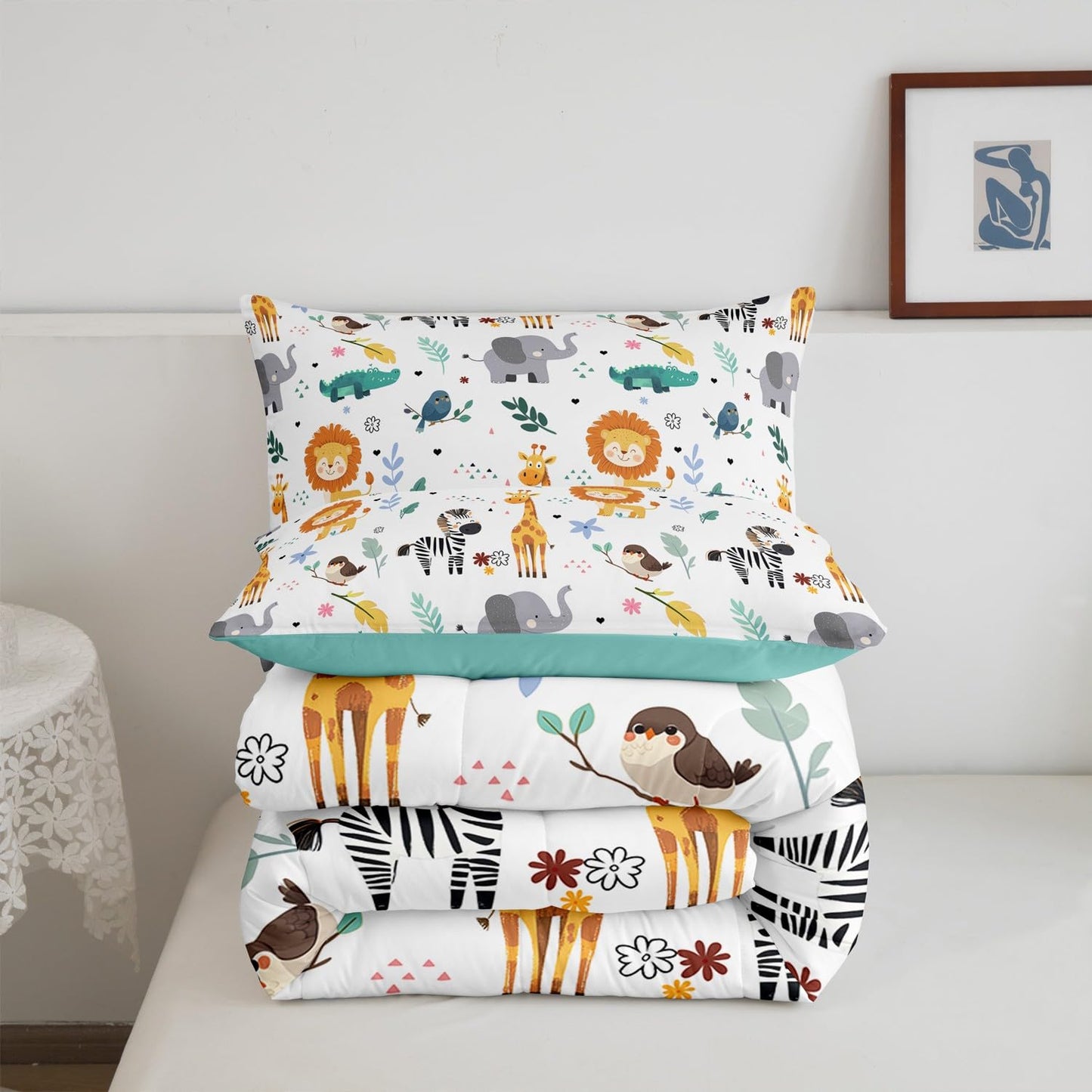 Erosebridal Full Size Zoo Animal Comforter Set, Giraffe Lion Elephant Bedding Set, Cute Wild Animals Down Comforter for Kids Teens Boys Girls Bedroom, Cartoon Safari Wildlife Quilt,Lightweight